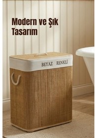 Resim 75lt. İkili Bambu Çamaşır Sepeti - Çift Bölmeli Kirli Sepeti Kahverengi 