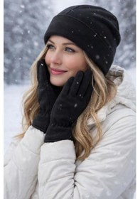 Resim Şapka 0//siyah Kadın & Erkek 3 Lü Kışlık Polar Bere Seti Sıcak Tutacak Unisex Çok Renkli 