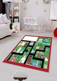 Resim Pelangi Kırmızı Araba Yollu Şehir Desenli Yıkanabilir Kaymaz Taban Leke Tutmazbebek Ve Çocuk Odası Halısı, Kırmızı-Yeşil 180 x 300 