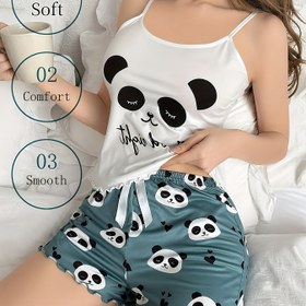 Resim Kadın Panda Temalı Pijama Takımı | Sevimli Çizgi Film Panda Baskılı, Spagetti Askılı Kolsuz Üst, Fiyonkli Kemer, Lastikli Bel Bandı, Marul Kenar Detaylı, Makinede Yıkanabilir 