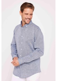 Resim Tudors Slim Fit Uzun Kollu Dar Kesim Keten Doku Premium Seri Düğmeli Yaka Düz Lacivert Erkek Gömlek-30599-lacivert Lacivert 