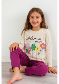Resim Çocuk Pijama Takımı %100 Pamuk Çiçek Desenli Krem 