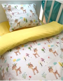 Resim Bebek Özel Pamuklu Çocuk 70x160 Beşik Yastık Çarşaf Yorgan Seti Karaca Sarı 