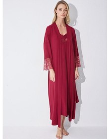 Resim Monamise Kadın Dekolteli Yakası Ve Kolu Dantelli Sabahlık Takımı 18520-kırmızı Kırmızı 