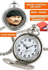 Resim COBRA Kemal Atatürk Görsel ve İmzalı Gümüş Renk Zincirli Köstekli Cep Saati 