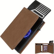 Resim Ultra-İnce Vintage Kahverengi Suni Deri Cüzdan, Kredi Kartı Tutucu, Bozuk Para Cebi ve Kimlik Yuvası ile - Erkekler için Minimalist Retro Tasarım, Kart Organizatörü | Şık Cüzdan | Dayanıklı Dikiş 