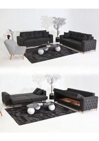 Resim Nola Koltuk Takımı 3+3+1 & Bazalı Yataklı Koltuk & Kanepe - Keten Antrasit 