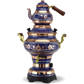 Resim Gül Çiçek Mavi Elektrikli Termostatlı Bakır Semaver 