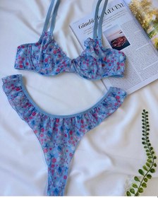 Resim Mavi Çiçek Detaylı Balenli Bralet Sütyen Set Mavi 