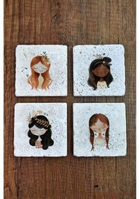 Resim Sevimli Kızlar Temalı Doğal Taş Bardak Altlığı - Stone Coasters Çok Renkli 