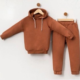 Resim Kapüşonlu Basıc Üç İplik Şardonlu Alt Üst Takım Kahverengi 
