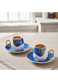 Resim Evil Eye Nazar Boncuğu Desenli 6 Kişilik Porselen Fincan Takımı Mavi - Beyaz 