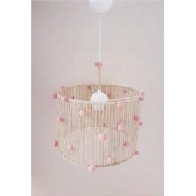 Resim Mediterian Pembe Ponponlu Hasır Sarkıt Avize, Çocuk Odası için Şık Aydınlatma, 30x30 cm 