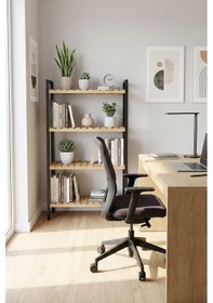 Resim 4 Katlı Metal Ofis Kitaplığı, Doğal Ahşap Raf, 4 Katlı Kitap Dosya Rafı - Depo, Arşiv, Siyah 