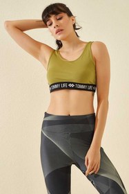 Resim TOMMY LIFE Yağ Yeşili Yazı Şeritli Standart Kalıp U Yaka Kadın Spor Büstiyer - 97113 