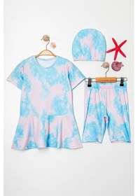 Resim Beniizle Batik Desenli Volan Etekli Boneli Kız Çocuk Üçlü Set Mayo Açıkmavi 