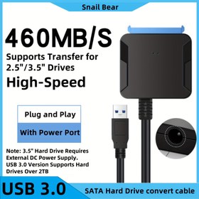 Resim Salyangoz Ayı 460MB/S Yüksek Hızlı SATA'dan USB 3.0 Sabit Disk Adaptörü - Güç Portu ile Tak ve Çalıştır, 6.35cm/8.89cm HDD/SSD'i Destekler, 3TB Kapasite, 12V Bağımsız Güç Kaynağı (Dahil Değil), Masaüstü ve Dizüstü Bilgisayar Kullanımı, Şık Siyah Tasarım, Dayanıklı Yapı 