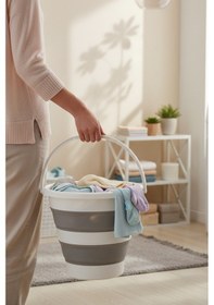 Resim Snippy Accord - Yuvarlak Silikon Katlanabilir Çamaşır Sepeti - Akordiyon Katlanır Kova Kirli Sepeti 12 Lt Beyaz - Gri 