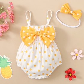 Resim 2'li Sevimli Kızlar İçin Puantiyeli Askılı Bodysuit ile Pembe Fiyonk & Uygun Saç Bandı Seti - %100 Polyester, Makinede Yıkanabilir, Yaz İçin Mükemmel, Kızlar İçin Kıyafet Setleri, Dış Mekanlar İçin Mükemmel 