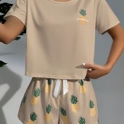 Resim Kadınlar için Rahat Ananas Baskılı Pijama Takımı - Kısa Kollu Yuvarlak Yaka Üst ve Eşleşen Şort, Siyah, Rahat Kıyafetler için Eğlenceli Meyve Deseni 