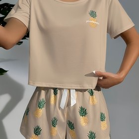 Resim Kadınlar için Rahat Ananas Baskılı Pijama Takımı - Kısa Kollu Yuvarlak Yaka Üst ve Eşleşen Şort, Siyah, Rahat Kıyafetler için Eğlenceli Meyve Deseni 