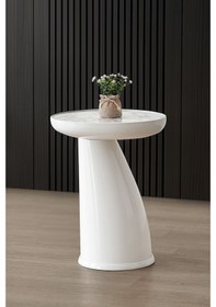 Resim Elips Sehpa,tekli Sehpa,yan Sehpa,zigon Sehpa - Beyaz & Beyaz Mermer Desenli Beyaz Gövde & Beyaz Mermer Desenli Tabla 