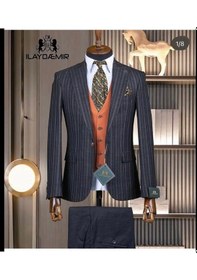 Resim İlayda Emir Slim Fit, Kırlangıç Yaka, 6 Drop, Erkek Takım Elbise Düğün Nişan Damatlık Kombin Ekru - Lacivert 