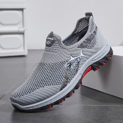 Resim Erkek Slip-On Casual Spor Ayakkabı - Nefes Alabilen Mesh Kumaş Üst, Hafif Kauçuk Taban, Spor Salonu, Yürüyüş ve Casual Giyim için Düşük-Top Tasarım - Mavi ve Turuncu Çizgili Desen, Spor Ayakkabı | Düşük-Top Sneaker | Slipon Tasarım 