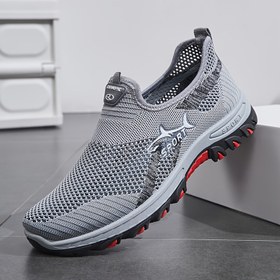 Resim Erkek Slip-On Casual Spor Ayakkabı - Nefes Alabilen Mesh Kumaş Üst, Hafif Kauçuk Taban, Spor Salonu, Yürüyüş ve Casual Giyim için Düşük-Top Tasarım - Mavi ve Turuncu Çizgili Desen, Spor Ayakkabı | Düşük-Top Sneaker | Slipon Tasarım 