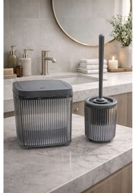 Resim Banyo Çöp Kovası Ve Wc Fırçası Seti Modern Ve Şık Banyo Aksesuarları 2li Set Antrasit 