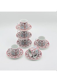 Resim Gönül Çini İşleme Kırmızı Porselen Kahve Fincan Takımı 