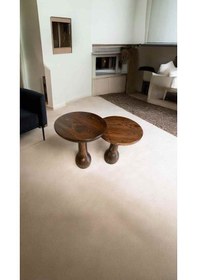 Resim Ceviz Renk Masif Ahşap Yan Sehpa Seti 2 Li Fiskos Sehpa Kahverengi 