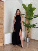 Resim ARONA MDB Kadın Halter Yaka Derin Yırtmaç Detaylı Tam Boy Ithal Krep Abiye Elbise 