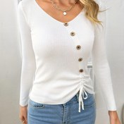 Resim Kadınlar için Günlük V-Yaka Düğmeli Önü ve Beli İpli Kazak - Sonbahar/Kış İçin Yüksek Esneklikte Dar Kesim, Düz Renk Kolay Bakım El Yıkama/Kuru Temizleme, Sevimli Kazak, Kaburga Dokulu, Kaliteli İşçilik 