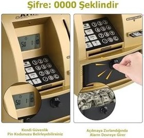 Resim LCD Ekran ATM Şifreli Kumbara Kağıt Demir Para Girişli Kartlı Sesli Yönlendirme Takvim Saat 