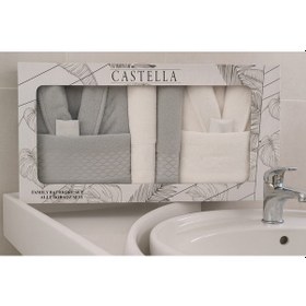 Resim Castella 8 Parça %100 Pamuk Kutulu Çeyizlik Aile Bornoz Seti Bornoz Takımı Çeyiz Set Beyaz - Gri 