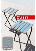 Resim Bino Suya Dayanıklı Şık Ahşap Tasarım Kamp ve Bahçe Tabure 2'li Set Mavi 