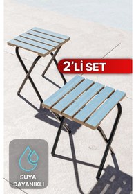Resim Bino Suya Dayanıklı Şık Ahşap Tasarım Kamp ve Bahçe Tabure 2'li Set Mavi 