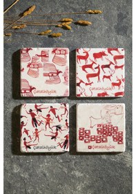 Resim Çatalhöyük Serisi 4'lü Traverten Bardak Altlığı Çok Renkli 