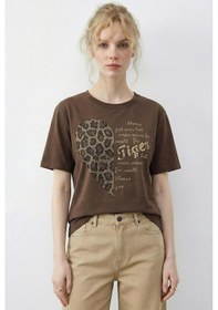 Resim Shade Kadın Leopar Kalp Taş İşlemeli Bisiklet Yaka Regular Fit T-shirt 2210 60283976 - Kahverengi 