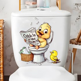 Resim Komik Sarı Ördek Gazete Okuyan Tuvalet Kapağı Çıkartması - Sevimli Karikatür Banyo Etiketi, Yeniden Kullanılabilir Kendinden Yapışkanlı Duvar Dekoru için Mizahi Ev Dekorasyonu 