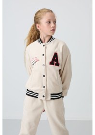 Resim Tommy Life Bej Kalın Yumuşak Dokulu Standart Fit Nakışlı Polar Kız Çocuk Kolej Ceket - 75156 Bej 