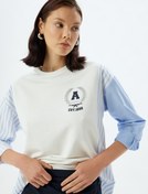Resim Çizgili Sweatshirt İki Farklı Kumaş Kullanımlı Bisiklet Yaka 