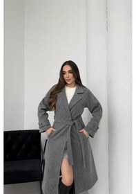 Resim Neşeli Butik Kadın Antrasit Kuşaklı Reglan Kol Düğmeli Premium Kaşe Kaban Nbkbn01 Antrasit 