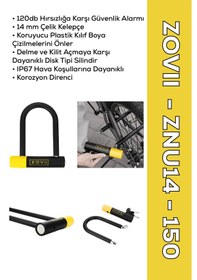 Resim Znu14-150 Sarı 120 Db Alarmlı Motosiklet U Kilidi - 14 Mm Çelik, Korozyon Dirençli, Ip67 U Kilit 