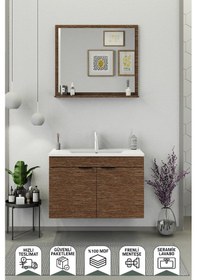 Resim Biani Fix Arya 85 Cm Seramik Lavabolu, Aynalı, Banyo Dolabı, Lavabo Dahil, Mdf,Aybe Kahve 
