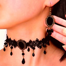 Resim 1 adet/3 adet Zarif Gotik Siyah Dantel Püskül Kolye ile Süslemeli Siyah Asılı Kolye - Kadınlar için Vintage Saray Takıları, Günlük Giyim, Partiler, Anneler Günü Hediyeleri ve Yıllık Stil için Mükemmel, Parti Aksesuarı, Sophisticated Aksesuar, İncelikli Dantel Tasarımı 