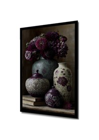 Resim Bordo Çiçek Desenli Vazo Ve Kavanoz Ahşap Ev,antre,ofis,mutfak,Yatak Odası Tablo Çerçeve Görünümlü--- 30 X 40 