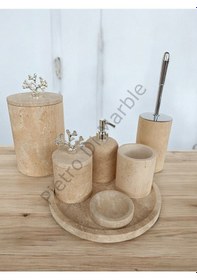 Resim Sarı Traverten Klasik Model 7 Parça Gümüş Renk Mercan Aksesuarlı Banyo Seti Sarı Traverten 