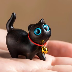 Resim Bir Çarpan El Yapımı Ahşap Siyah Kedi Figürü, Bir Zil ile - Ev ve Masa Süslemesi için Mükemmel, İdeal Tatil Hediyesi - Güç Gerektirmez. 